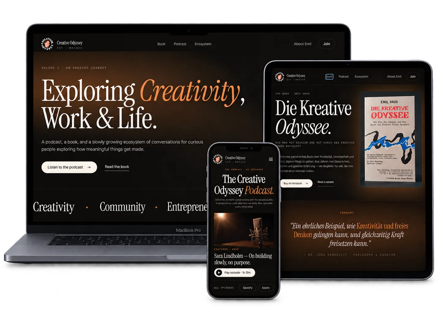 Creative Odyssey – Konzept und Design von Marine Blue Productions, dargestellt auf mehreren Geräten