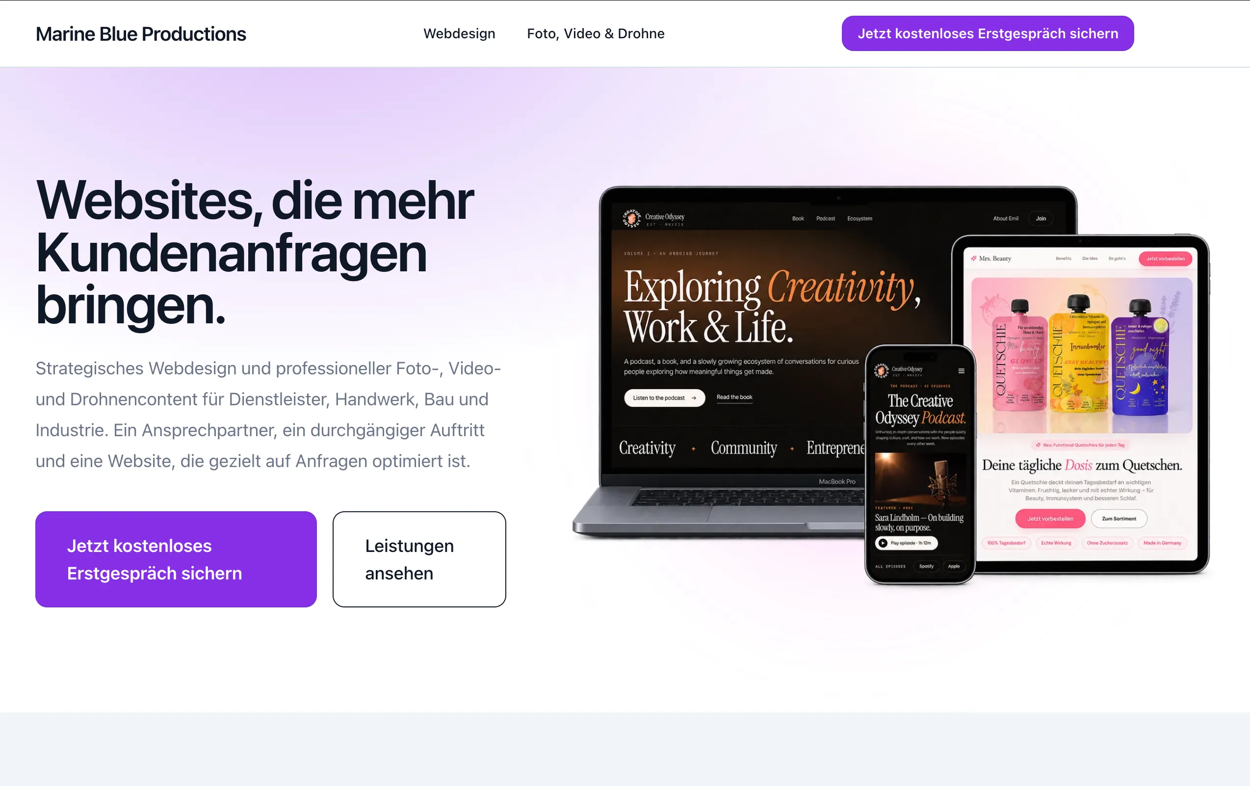 Screenshot der Marine-Blue-Productions-Website