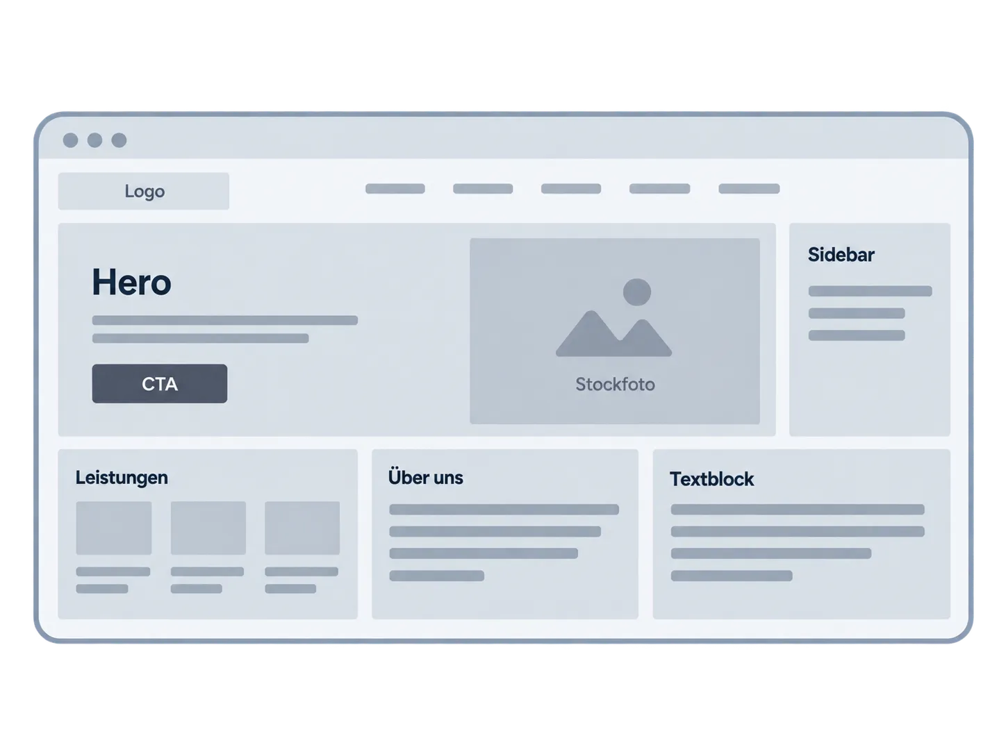 Website-Wireframe mit generischem Hero-Bereich und Stockfoto-Platzhalter